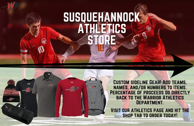 Susquehannock Athletics Gear
Custom sideline gear! Add teams, names, and/or numbers to items. Percentage of proceeds go directly back to the Warrior Athletics Department. Visit our Athletics page and hit the shop tab to order today!